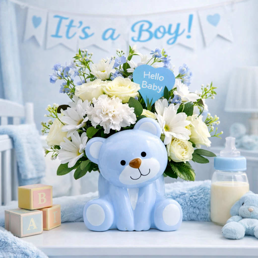 Hello Baby Boy Bear Bouquet – Light Blue Keepsake Arrangement – La La Florist, Baldwin Park CA