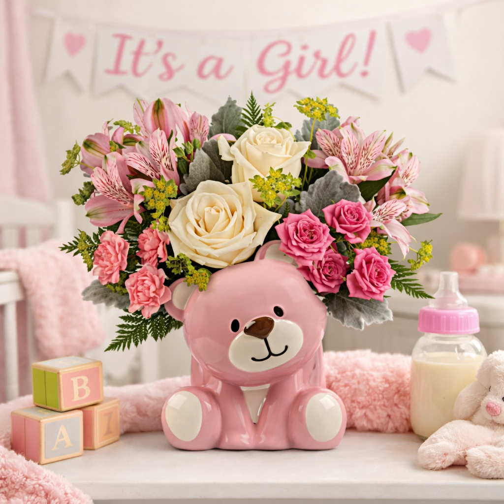 Precious Pink Bear Bouquet – Baby Girl Floral Arrangement – La La Florist, Baldwin Park CA