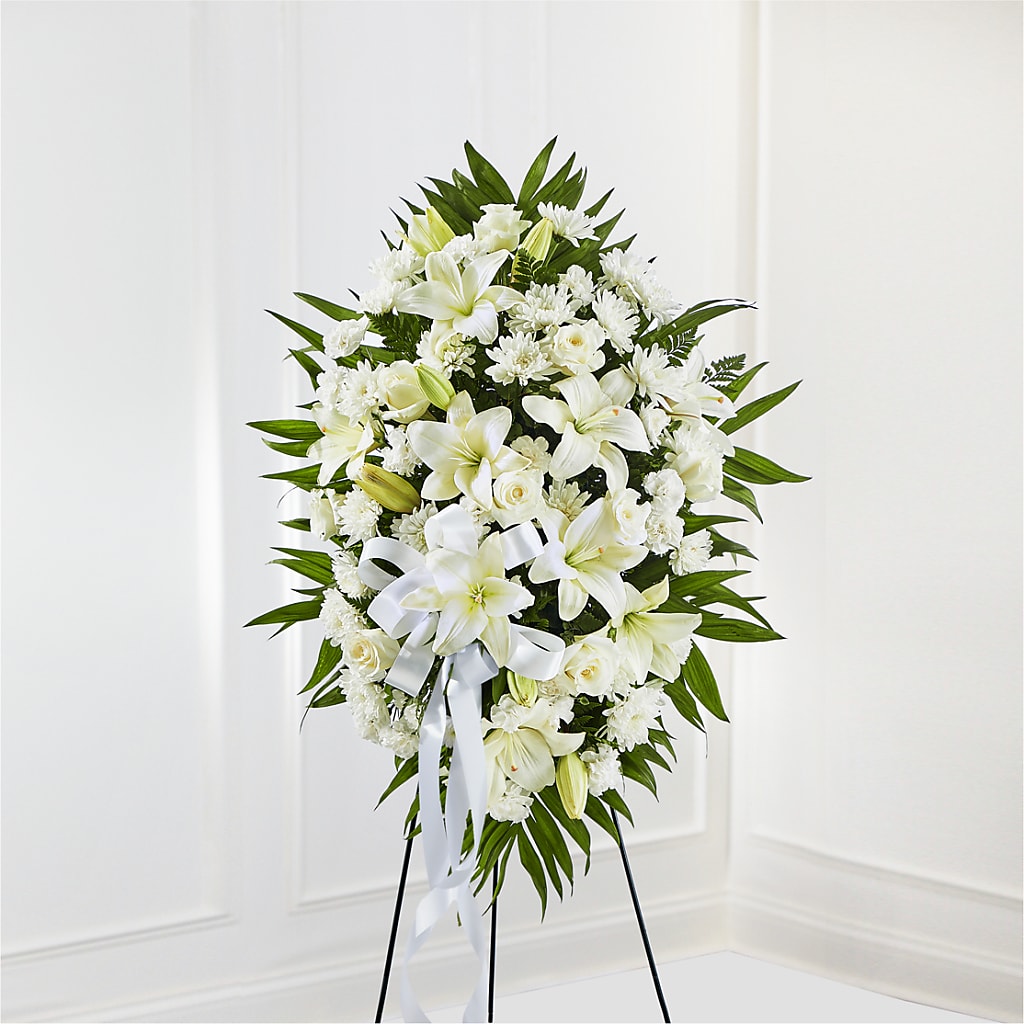 Exquisite Tribute Standing Spray-White Ribbon – La La Florist, Baldwin Park CA