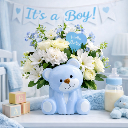 Hello Baby Boy Bear Bouquet – Light Blue Keepsake Arrangement –  La La Florist, Baldwin Park CA